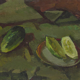 Sergey Belikov: 'still life with cucumbers', 1980 Oil Painting, Still Life. Artist Description: Original oil painting on cardboard, still life in impressionistic style with the cucumbers and plate...