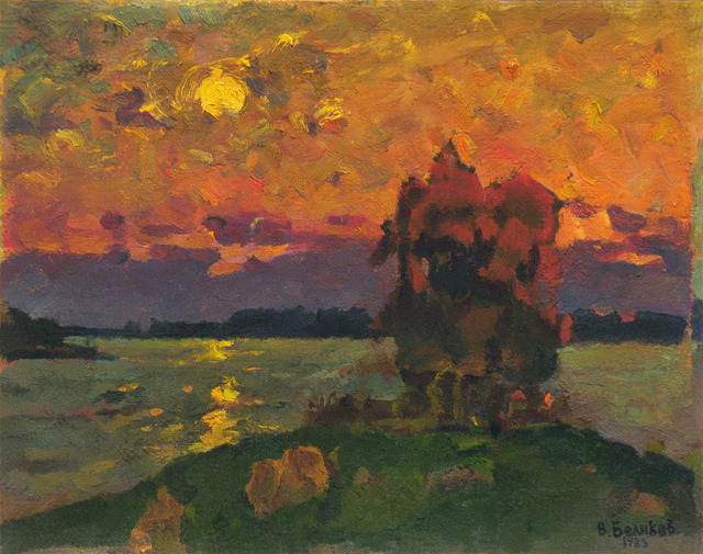 Artist Sergey Belikov. 'Sunset Above The Water' Artwork Image, Created in 1985, Original Painting Oil. #art #artist