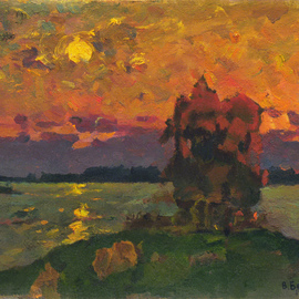 Sergey Belikov: 'sunset above the water', 1985 Oil Painting, Landscape. Artist Description: Original oil painting on cardboard, landscape in impressionistic style with the view of sunset over the water...