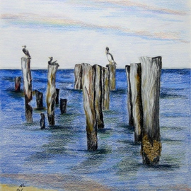 Ron Berry Artwork Pelicans on Pilings, 2015 Pencil Drawing, Beach