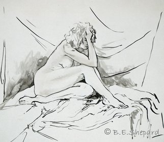 Barbara Shepard: 'Woman Seated', 1987 Ink Painting, nudes.     Ink brush drawing and wash of model.     ...