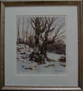 Bessie Papazafiriou: 'Two Trees in Metsovo', 2003 Lithograph, Landscape. Metsovo is a wonderful mountain village in Greece.  While exploring the surrounding woods just before sunset, I discovered these amazing tees nestled together like an old couple.Comments:  Framed...