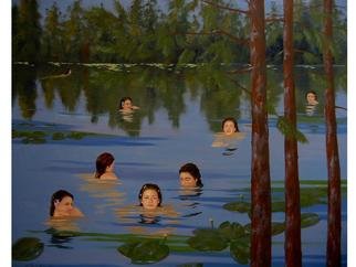 Bessie Papazafiriou: 'Water Nymphs', 2002 Oil Painting, Mythology.      According to Greek mythology, water nymphs are divinities which have the gift of prophecy and could deliver oracles.  Here, they are portrayed in their lush and tranquil environment....