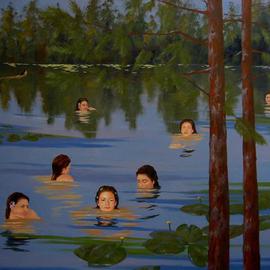 Bessie Papazafiriou: 'Water Nymphs', 2002 Oil Painting, Mythology. Artist Description:      According to Greek mythology, water nymphs are divinities which have the gift of prophecy and could deliver oracles.  Here, they are portrayed in their lush and tranquil environment....