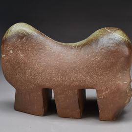 Robert Pulley: 'Fetish', 2019 Clay Sculpture, Abstract. Artist Description: An evocative little table or pedestal scale sculpture.  An organic humped form is pierced by two rectangular open passages.  The brown clay is flecked with a light clay in scratch marks, textures and an incised white line that runs along the back.  There is some question what this ...