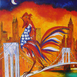 Marie-france Busset: 'LE COQ A NEW YORK SUR LE PONT DE BROOKLYN', 2011 Oil Painting, Abstract Figurative. 