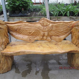 Von Nicholson Artwork Eagle Head Bench, 2016 Wood Sculpture, Birds