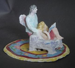 Bobbie Newman: 'Her Guardian Angel', 2005 Ceramic Sculpture, Love. Female Lover reading a book in a chair with winged male watching over her. Stained bisque ware....