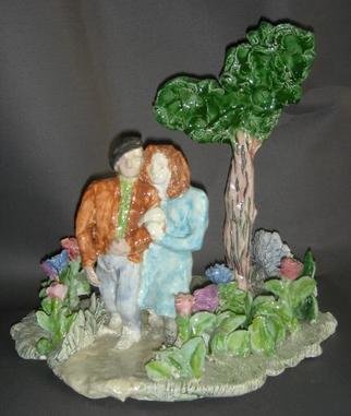 Bobbie Newman: 'Lovers in Woods', 2005 Ceramic Sculpture, Love. Glazed, Colorful, Romantic - Clinging Lovers walking in woods, with tree and many flowers...