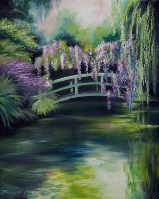 James Hill: 'Wysteria Bridge', 2009 Oil Painting, Landscape.  Wisteria hanging over a bridge on the water. ...