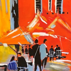 Christian Mihailescu: 'somewhere in tuscany', 2019 Acrylic Painting, Abstract Figurative. Artist Description: Summer time in Tuscany  let s say Luca . Abstract silhouettes at the terrace under umbrellas.  ...