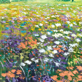 Isidro Cistare: 'bienvenida primavera', 2021 Oil Painting, Landscape. Artist Description: Welcome Spring. Oil painting on canvas, with a lot of contribution of matter, by spatula and brushes. The artist reflects in this landscape, in the foreground fields of flowers in spring, in the background, grazing fields and the village surrounded by trees and mountains hidden by the clouds, ...