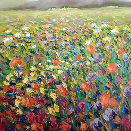 Isidro Cistare: 'white villages', 2017 Oil Painting, Landscape. Artist Description: Oil painting on canvas with a lot of material contribution, through spatula and details with thick brush. It depicts fields of flowers with white villages and mountains in the background, . with his colorful and classic perspective of the painter which makes him have a very special calligraphy, RGPintado ...