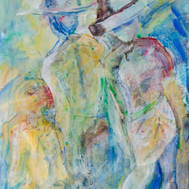 Caren Keyser: 'Three Figures', 2018 Acrylic Painting, Abstract Figurative. Artist Description: The woman on the right showed herself to me first, then the man in the back, and finally the seated child on the left.  They each emerged from the original abstract painting as I worked.  My intuitive process begins with the paint and then I let it lead ...