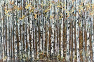 Caren Keyser: 'birch trees', 2020 Acrylic Painting, Nature. This forest of birch trees in the autumn is painted with metallic acrylics.  The glossy surface glistens in the light giving life to the inanimate image.  It was painted from the artist s imagination. ...