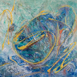 Caren Keyser: 'blue crouch', 2019 Acrylic Painting, Abstract Figurative. Artist Description: Metallic paints make this painting sing.  The figure is drawn in gold over shimmering blues. ...