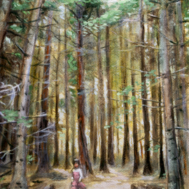 Colin Mark Mowat: 'lost in the woods', 2019 Oil Painting, Landscape. Artist Description: Lost in the woods was inspired by a walk with my family around a local pond in Brodie.My young daughter in contrast with the age and height of the trees in the wood, had a fairy tale like quality about it, that i had to capture....