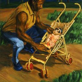 Lucille Coleman: 'Man Tending Baby', 2003 Oil Painting, Family. Artist Description: A father lovingly tends to his baby during a walk in the park. A strong man and a little soft baby juxtaposed reveals a refreshing and strong contrast.A(c) 2003 Lucille Coleman...