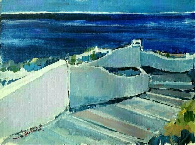 Daniel Clarke: 'stairway to santorini', 2019 Acrylic Painting, Landscape. Bend if you can to the dark sea forgettingthe flute s sound on naked feetthat trod your sleep in the other, the sunken life.Write if you can on your last shellthe day the place the nameand fling it into the sea so that it sinks....