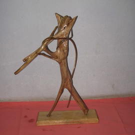 Gadadhar Das: 'BAGPIPER ELEPHENT', 2005 Wood Sculpture, Animals. Artist Description:  This Art work was made from a signle  piece discarded tree root. This piece was collected from a closed foundry Works near Kolkata, West Bengal I made it in 2005. This Sculpture completely covered by a special type of wood coating for protect from termite  & borar. Weight is ...