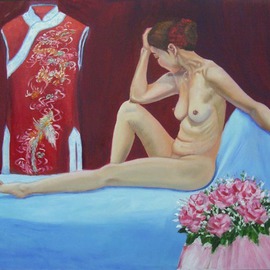 Winnie Davies: 'Cold Feet', 2008 Oil Painting, Surrealism. Artist Description:  This is one of the paintings I created for the series of Background. I like to mingle the realistic portrait with surrealistic situation - the surrealistic context. The Background tells the story of the foreground.  In this case, the bride is having cold feet before she goes ahead to ...