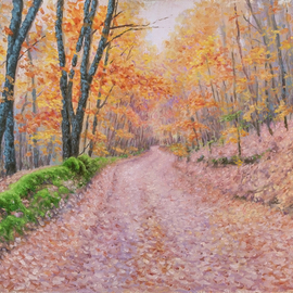 Dejan Trajkovic: 'autumn leaves', 2018 Oil Painting, Landscape. Artist Description: Oil on hardboard panel. Original artwork. Painted using high quality oil colors.This road leads from the old monastery through the forest. Hidden in the valley, surrounded by forests. A wonderful place to walk and rest. ...