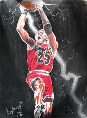 Dennis Howell: 'Jordans Impact', 1996 Pastel, Sports. 18X24 Charcoal & Pastel on Pastel Paper. This Peace is Titled Jordan' s Impact. The Lightning as it connects to the ball, shows his unhidden presence to the game forever. ( The work is purposely highlighted to discourage illegal downloading)...
