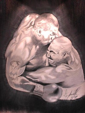 Dennis Howell: 'Tysons Byte', 1997 Pastel, Sports. 18 X 24 B/ W Pastel on Pastel Paper. This Peace is Titled, Tyson' s Byte. I was inspired by an old friend to do this, thanks Gilbert. Notice the tear- drop on the tattoo of Tyson' s first trainer. He was not taught this method of fighting by his ...