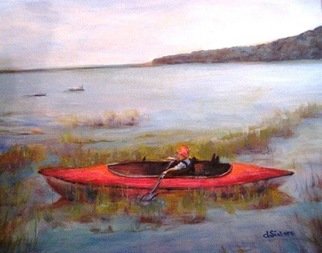 Dorothy Siclare: 'Boys First Solo Sail', 2010 Oil Painting, Figurative.   Little boy saling in a kiak.  Blue sky, acqua blue water, delicate landscape. This adorable 3 year old boy is wearing an orange hat and his holding an ore sailing his boat in a lake.    ...