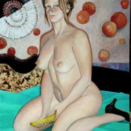 Lou Posner: 'Apples and Banana', 2004 Oil Painting, nudes. Artist Description: My very first oil painting at age 11 was on blank notebook paper and showed nothing but an apple and a banana, separated from each other and floating on the page.  Since I felt I had done it all, I stopped painting. ...