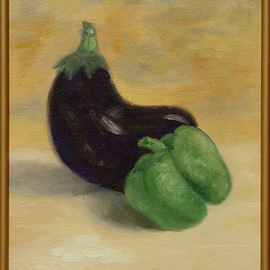 Lou Posner: 'Eggplant and Green Pepper', 2000 Oil Painting, Still Life. Artist Description: Vegetables in motion.  Oil on canvas board.  Custom frame is wood with gold tone. ...