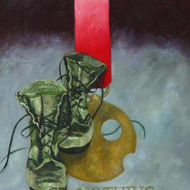 Lou Posner: 'For Nothing', 2003 Oil Painting, Military. Artist Description: One of a series of paintings honoring footwear with imaginary military decorations.  See others in this series here on other pages....