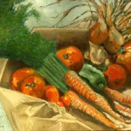 Lou Posner: 'Garden Harvest', 1979 Oil Painting, Still Life. Artist Description: The produce from our garden in Portland, Connecticut, on a brown paper bag, still warm and dirt- caked. [ SOLD 8- 8- 01]...