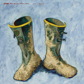 Lou Posner: 'Muddy Boots', 2011 Oil Painting, Zeitgeist. Artist Description:  On Dec.  16, 2010, while helping my wife scrape ice off her car windshield, I slipped on black ice and put most of my back muscles into a spasm that had me having to sit up in order to sleep for months plus seven months worth of excruciating ...