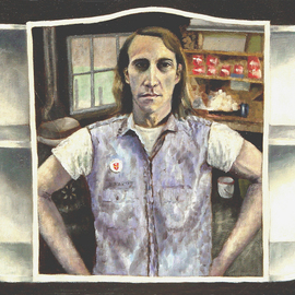 Lou Posner: 'Self Portrait in Medicine Chest Mirror I', 1973 Oil Painting, Portrait. Artist Description: Painted not too long after I returned from duty in Vietnam: August, 1970. It was painted in the garage studio of artist Tony Vestuto, Bloomington, Indiana.  The button on the blue chambray shirt is a Vietnam Veterans Against the War button. The construction posts for Tony' s Brettony ...