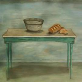 Lou Posner: 'Table with Bread and Bowl', 2000 Oil Painting, Still Life. Artist Description: After Marie Roberts and Amadeo Modigliani.  Some people see this as a rural kitchen scene.  Note the bowed baseboard....