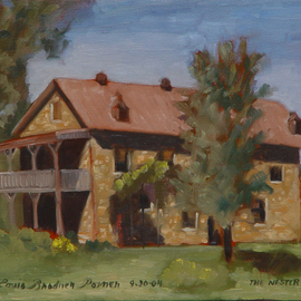 Lou Posner: 'The Nester House', 2004 Oil Painting, Americana. Artist Description: A national historic structure on the banks of the Ohio River at Troy, Indiana.  Built in 1863, it was formerly a hotel.  My plumber friend recently helped with remodeling the apartment upstairs.  Framed in lattice painted white.  The price is high because even tho it is a famous ...