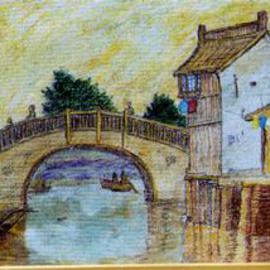 Richard Wynne: 'Bridge and Houses', 1998 Acrylic Painting, Landscape. Artist Description:  This picture is a composite of many photos and sketches made on a Trip through Europe. But this scene is in Belgium. This work was painted on masonite. ...