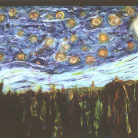 Richard Wynne: 'Mystarystarynight', 2003 Other Painting, Landscape. Artist Description: Its my tribute to a great master. The painting is not a copy but rather in Vincent' s style. I used lacquer, watercolor, acyrlic, oil, and garment dye in this painting all layered both sides on plastic/ glass. ...