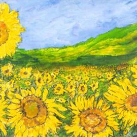 Richard Wynne: 'sunflowers lop burri thailand', 2005 Acrylic Painting, Landscape. Artist Description: In December this valley in Thailand is a golden hue from the masses of Sunflower Blossoms. My son and I spent some lovely days there painting andf sketching...