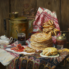 Eduard Panov: 'still life with pancake', 2017 Oil Painting, Still Life. Artist Description: pancake, coffee, breakfast...