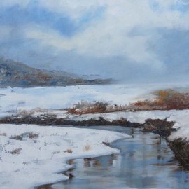 Renee Pelletier Egan: 'solebury winter', 2017 Oil Painting, Landscape. Artist Description: This winter scene shows a play of reflections on river water as well as a lovely use of cool colors that emphasize a cold and quiet winter scene. ...