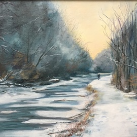 Renee Pelletier Egan: 'winter bike ride', 2019 Oil Painting, Landscape. Artist Description: This winter painting shows the play of a warm winter sky versus a cool snowy riverbank with a man in the distance riding a bike. ...
