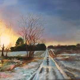 Renee Pelletier Egan: 'winter glow', 2017 Oil Painting, Landscape. Artist Description: This painting is a winter landscape showing the sun setting upon a long roadway toward a farm. ...