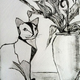 Elizabeth Bogard Artwork Cat with Palm, 2013 Monoprint, Cats