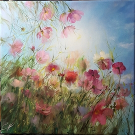 Elena Mardashova: 'small cosmos', 2020 Oil Painting, Floral. Artist Description: Original oil painting  Small cosmos ,on canvas 40 x 40 cm,2020...