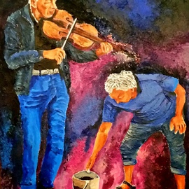 Eli Gross Artwork  He played the violins  crying softly , 2016 Acrylic Painting, People