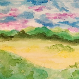 Emily Grun: 'afternoon', 2019 Acrylic Painting, Landscape. Artist Description: field, green hills, clouds...