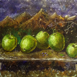 Nina Polunina: 'apples on the table', 2017 Oil Painting, Still Life. Artist Description: Oil paintingApples on the table.  Copy of the picture of Elena Ilyicheva.Work done with a palette knife.  The ends are painted.  Mounts.  Ready to hang.Oil on stretched canvas.  The canvas is made by hand.  Natural flax is manually primed with natural materialsmedium, small, still life, ...