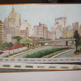 Maria Teresa Fernandes: 'S Paulo scenery', 1972 Oil Painting, Cityscape. Artist Description:  3rd dimension on urban scape as a historical landmark ...